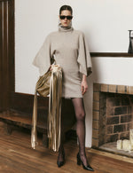 Pure white ramie and beige wool knitted high collar cape dress