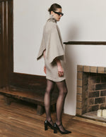 Pure white ramie and beige wool knitted high collar cape dress