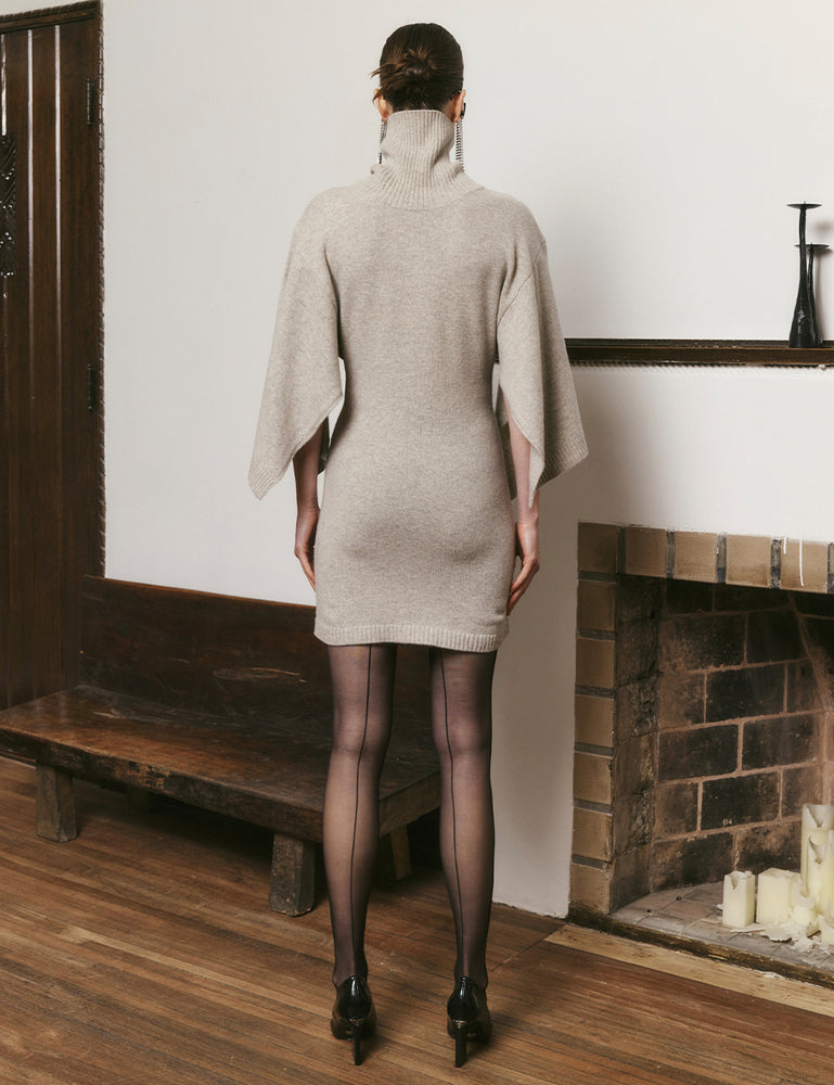 Pure white ramie and beige wool knitted high collar cape dress