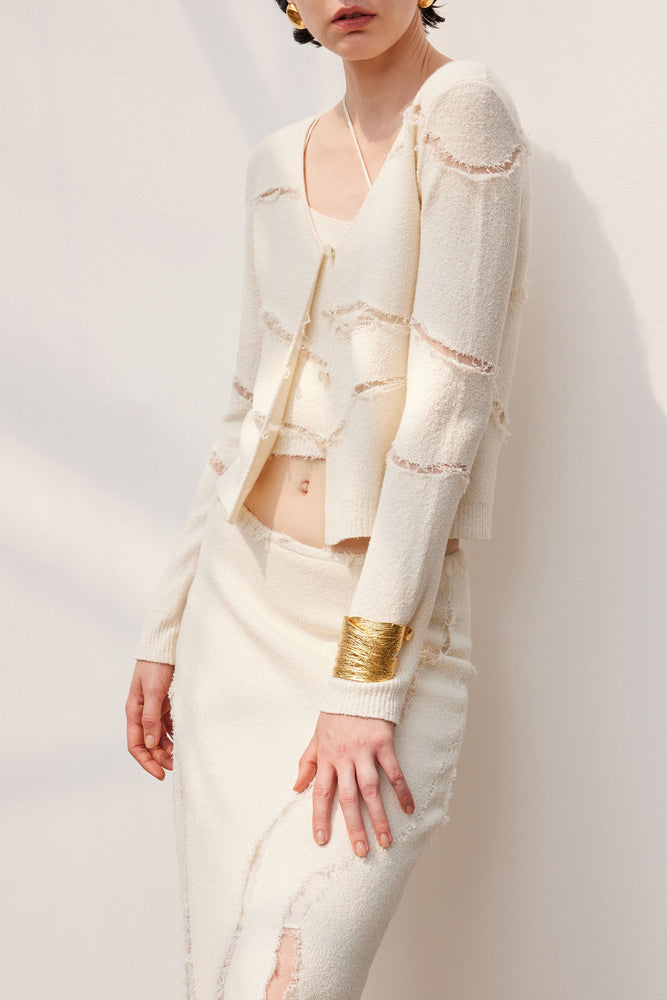 White Irregular Hollow Knit Cardigan