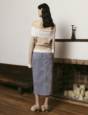 One-shoulder contrast plaid knitted top