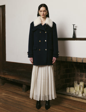 Double-breasted wool coat with fur collar