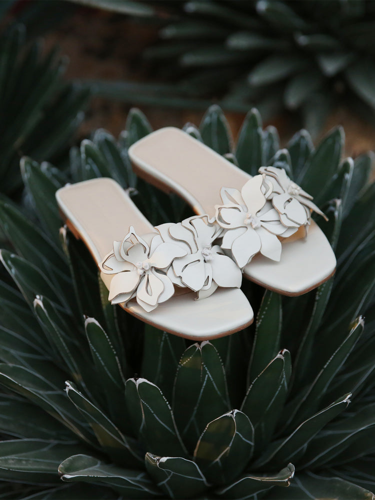 White 3D laser-cut flower sheepskin slippers