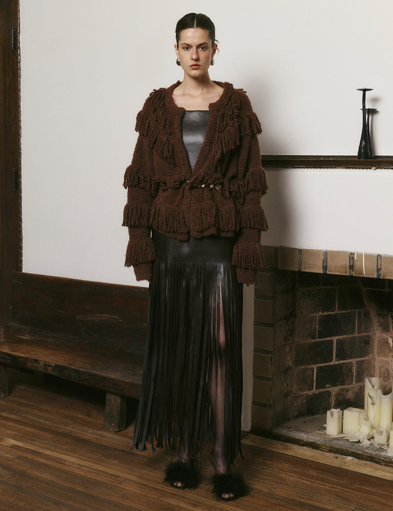 Red-brown and teal multi-layered fringe cardigan