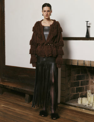 Red-brown and teal multi-layered fringe cardigan