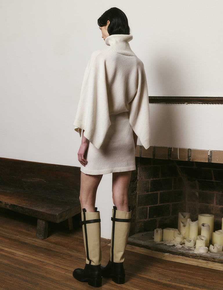 Pure white ramie and beige wool knitted high collar cape dress