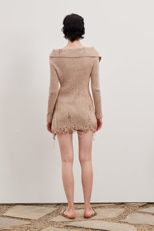 One-shoulder ripped edge knitted cardigan