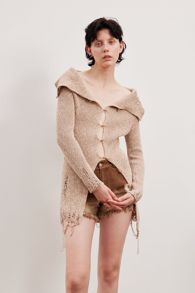 One-shoulder ripped edge knitted cardigan