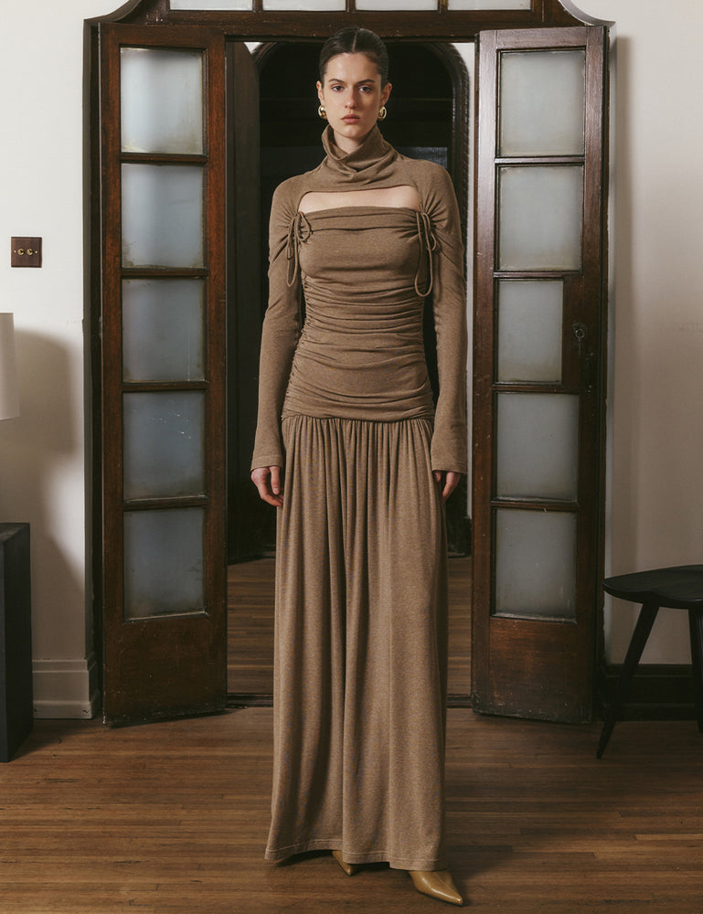 Pleated hollowed-out pile collar knitted wool dress