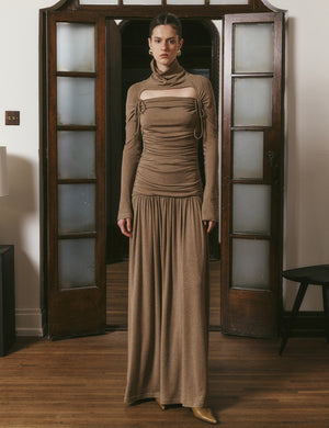 Pleated hollowed-out pile collar knitted wool dress