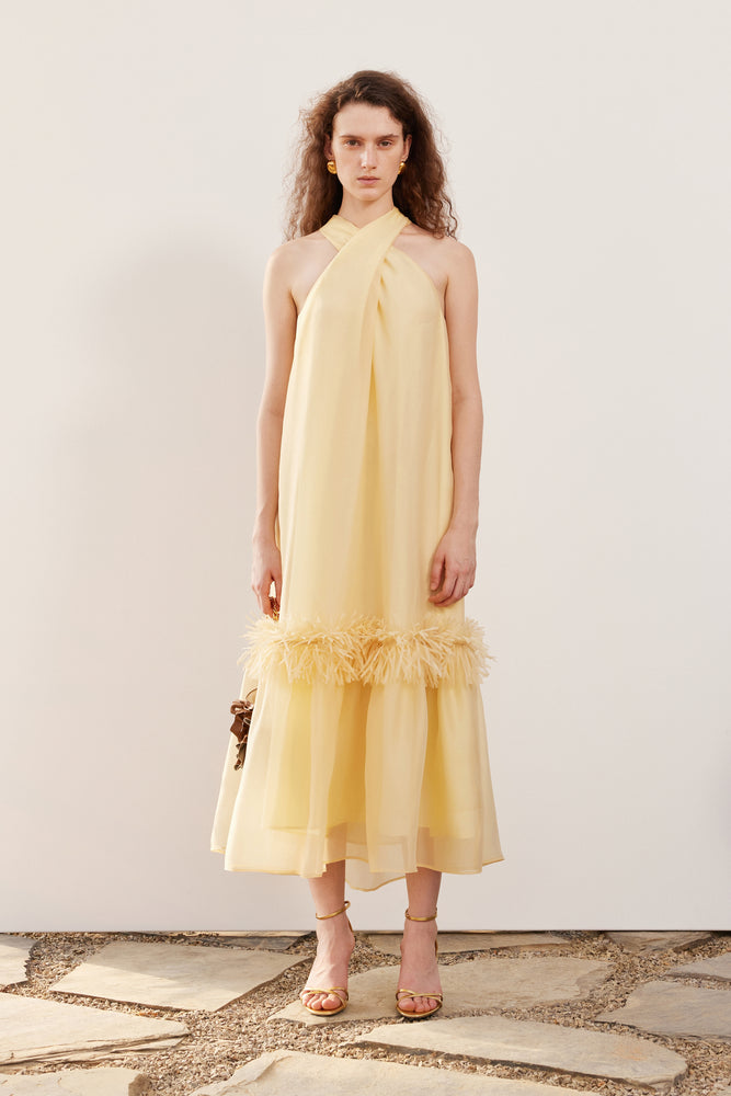 Yellow and white halter neck organza tassel hem A-line dress