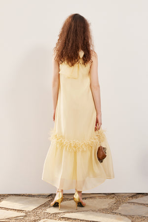 Yellow and white halter neck organza tassel hem A-line dress