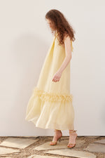 Yellow and white halter neck organza tassel hem A-line dress