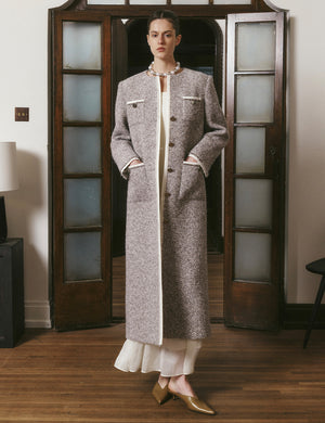 Collarless herringbone long coat