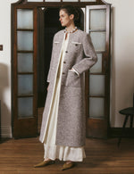 Collarless herringbone long coat