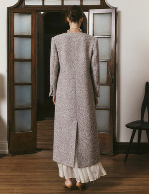 Collarless herringbone long coat