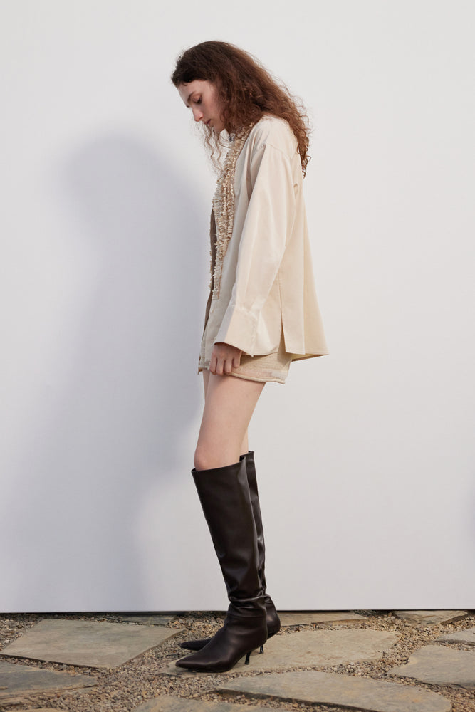 White and Khaki Tassel Decorated Collarless Loose Shirt