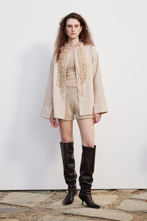 White and Khaki Tassel Decorated Collarless Loose Shirt