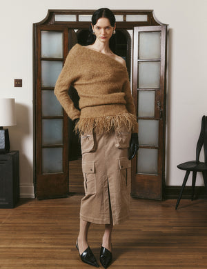 Ostrich wool hem oblique shoulder sweater