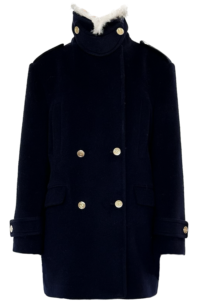 Double-breasted wool coat with fur collar