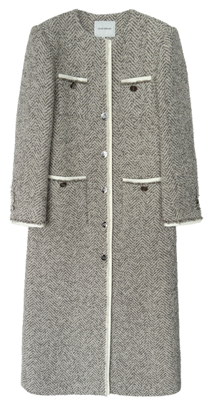 Collarless herringbone long coat