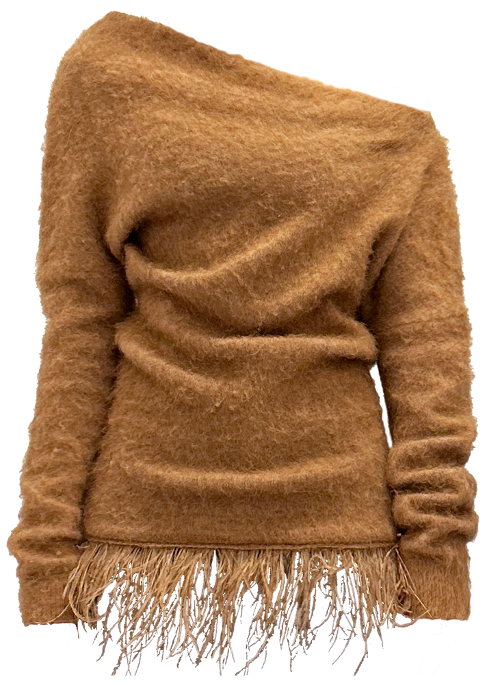 Ostrich wool hem oblique shoulder sweater