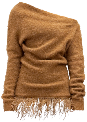 Ostrich wool hem oblique shoulder sweater