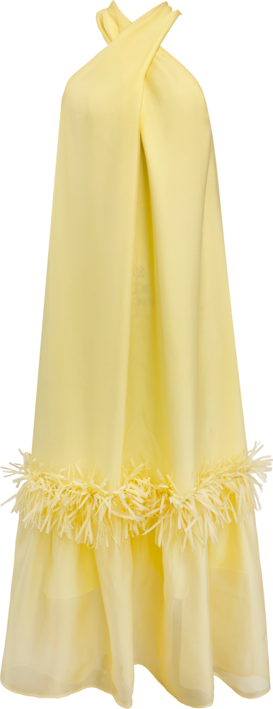 Yellow and white halter neck organza tassel hem A-line dress