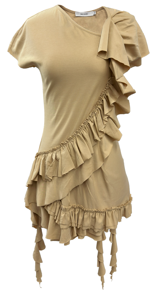 White and khaki irregular ruffle dress没价格