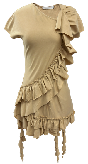 White and khaki irregular ruffle dress没价格