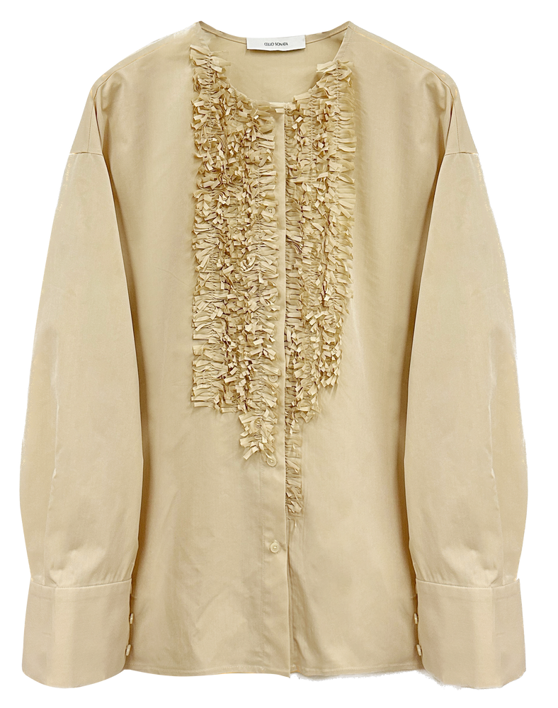 White and Khaki Tassel Decorated Collarless Loose Shirt