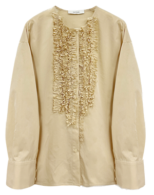 White and Khaki Tassel Decorated Collarless Loose Shirt