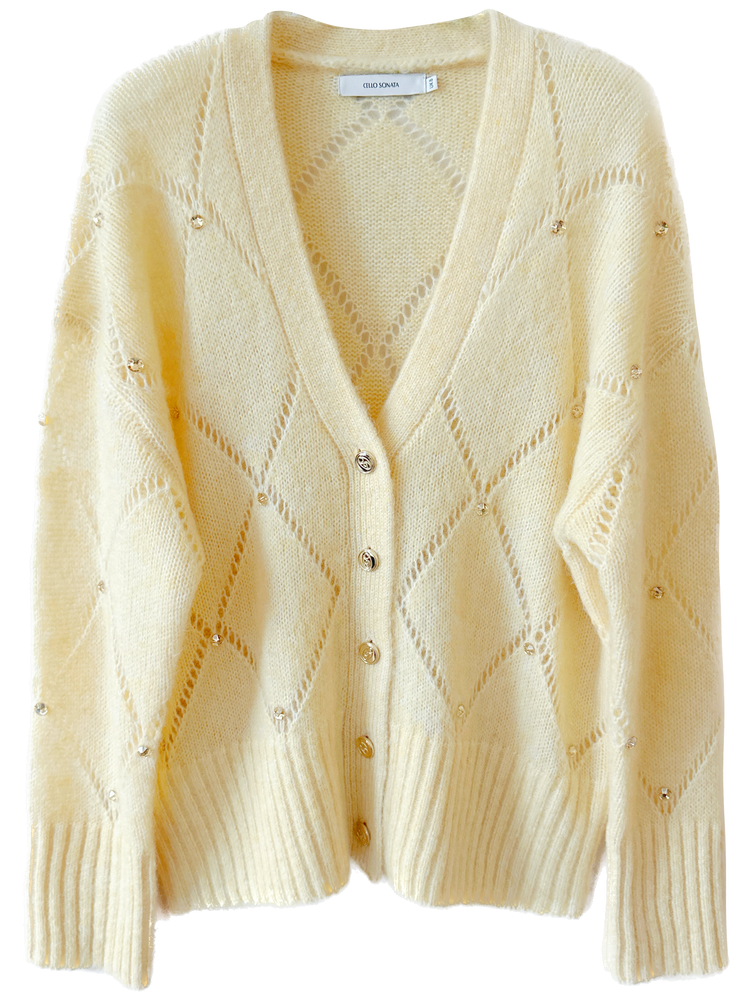 Goose yellow and off-white diamond-stitched hollow knitted cardigan