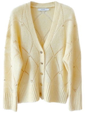 Goose yellow and off-white diamond-stitched hollow knitted cardigan