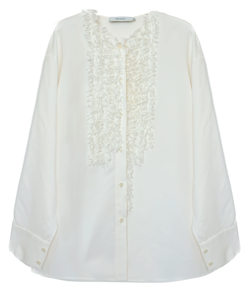 White and Khaki Tassel Decorated Collarless Loose Shirt