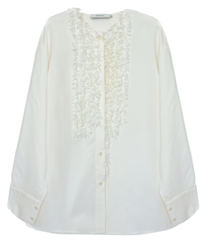 White and Khaki Tassel Decorated Collarless Loose Shirt