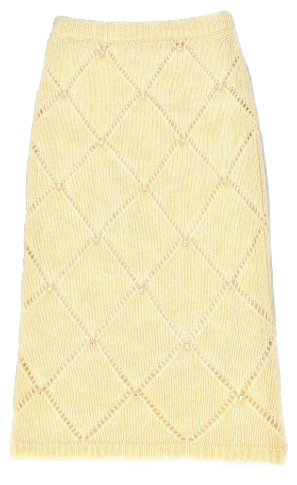 Goose yellow and off-white diamond hollow knitted skirt