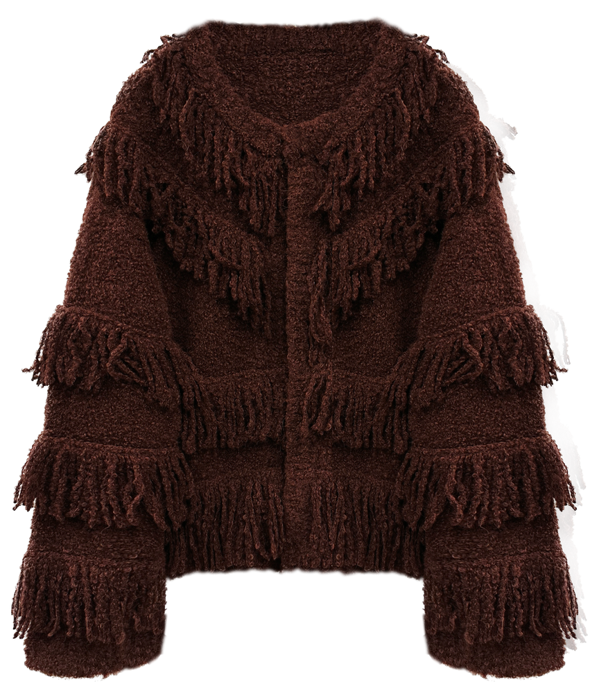 Red-brown and teal multi-layered fringe cardigan