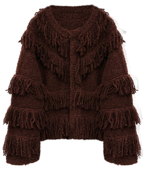 Red-brown and teal multi-layered fringe cardigan