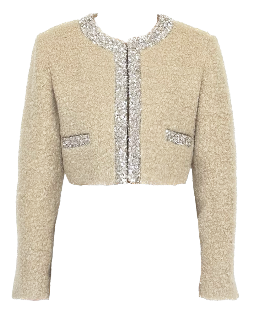 Short woolen round-neck jacket with sequined edges