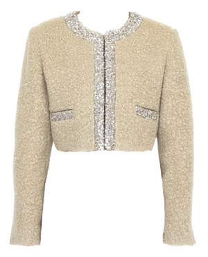 Short woolen round-neck jacket with sequined edges