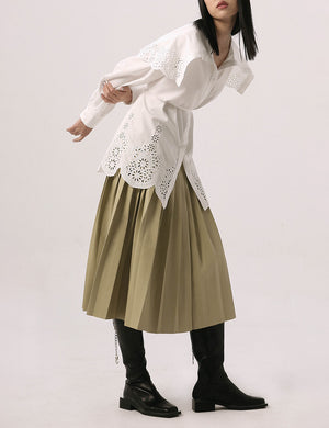 Thread Stitching Pleated Leather Skirt