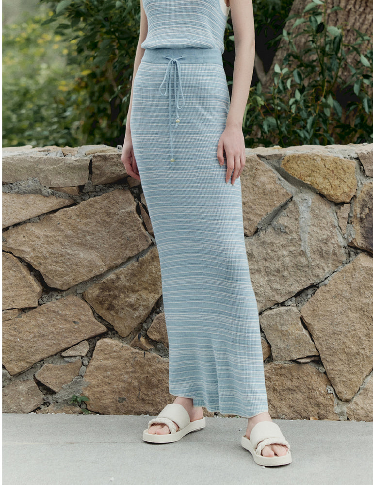 Striped-knit midi skirt