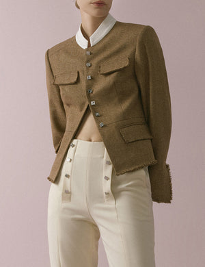 Raw edge stand-up collar jacket