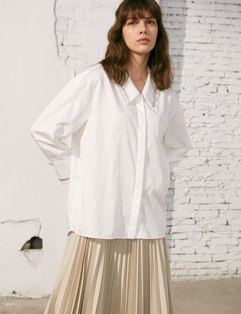 Chain Decorated White Oversized Shirt