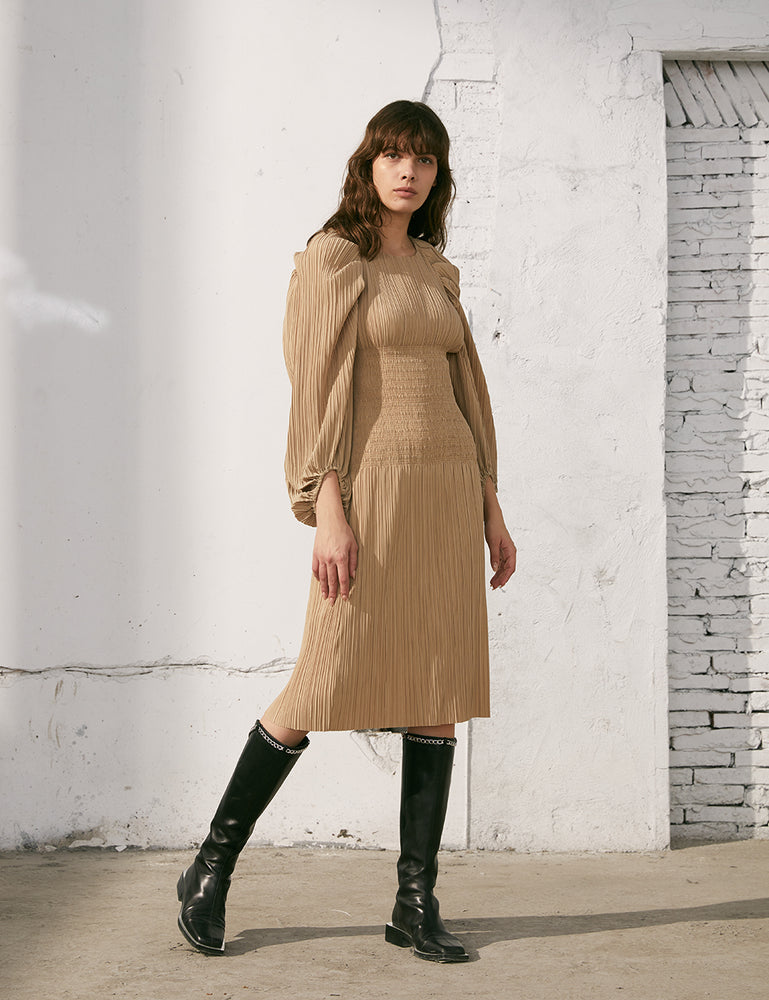 Pressed Pleated Elastic Waist Dress