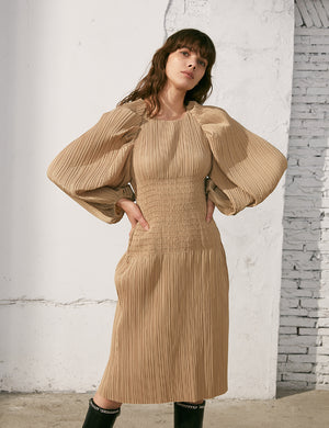 Pressed Pleated Elastic Waist Dress