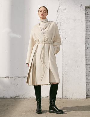 Collarless Wool Coat With Split And Pleats