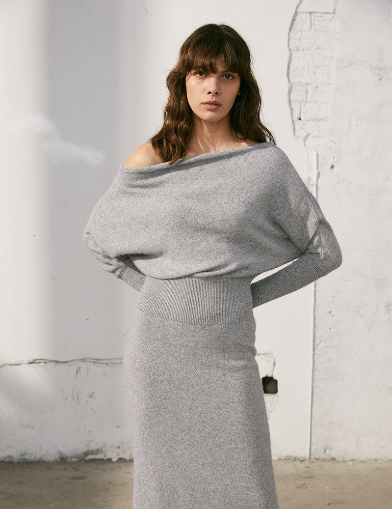 Off-Shoulder Knit Grey Dress