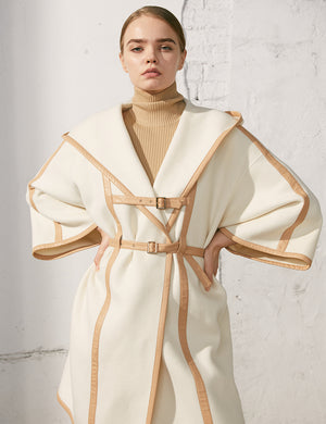 Brown Leather Trim White Wool Coat